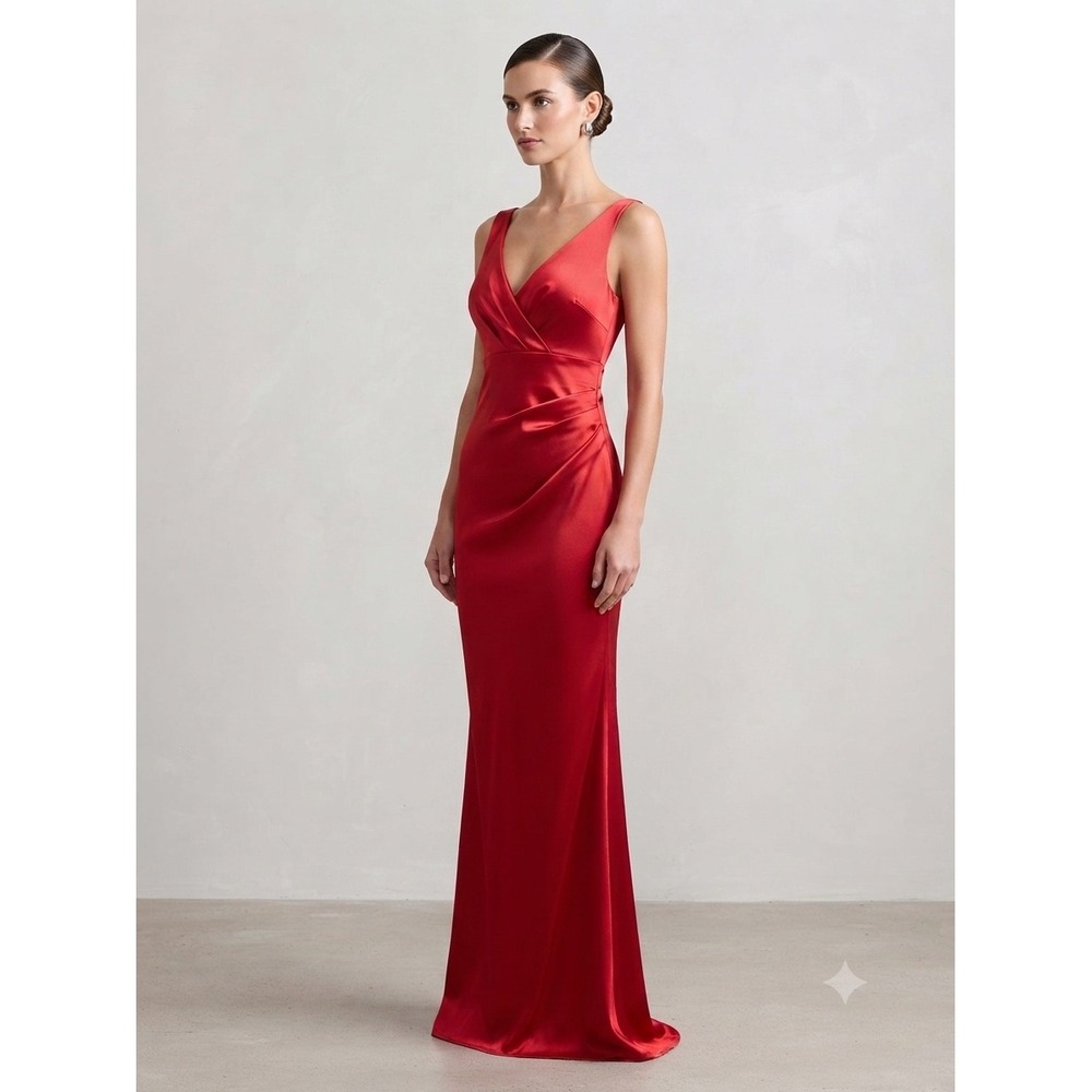 Honey and Rosie Womens Gown Red XS Satin V-Neck Ruched Slit Formal Dress Wedding
